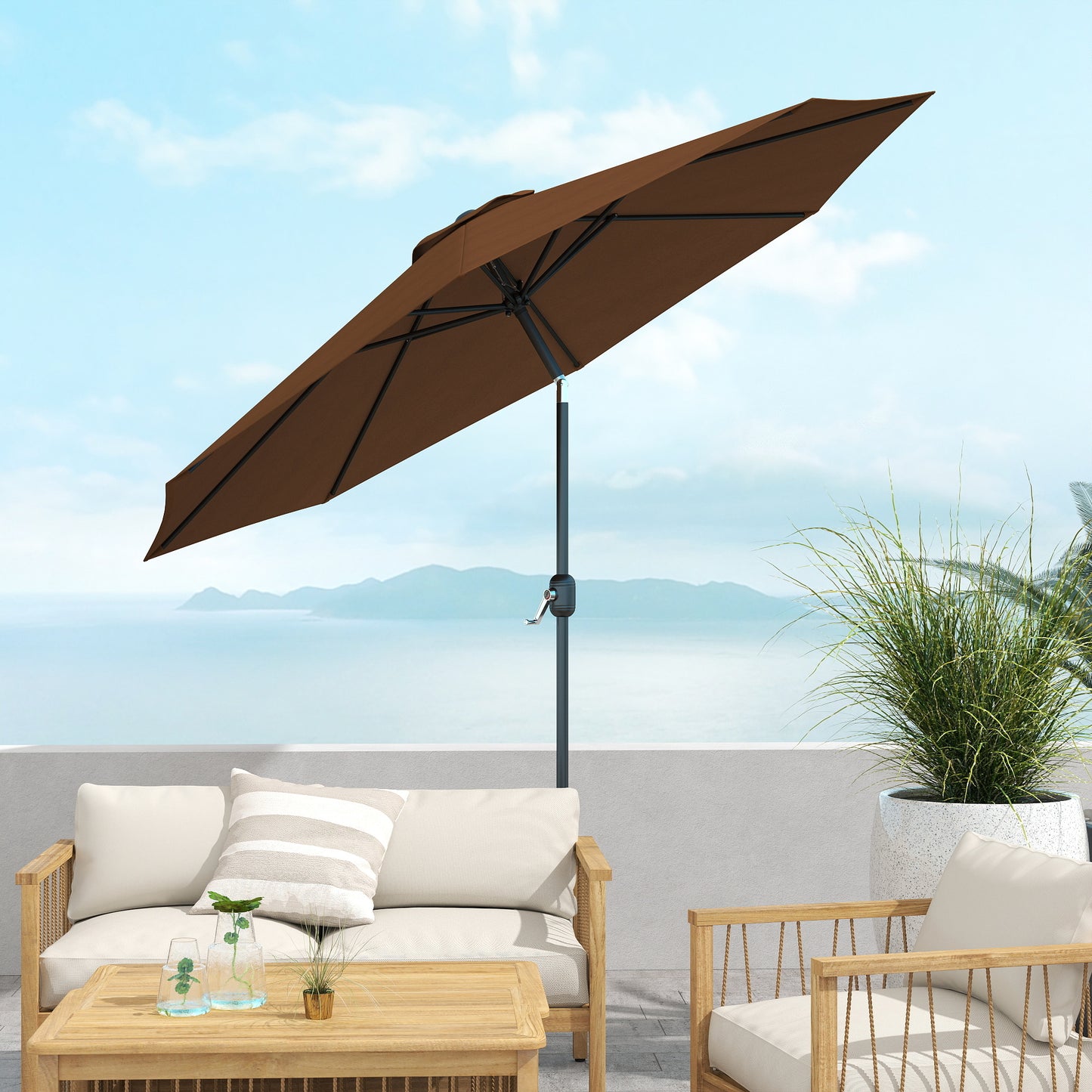 Outsunny 3(m) Tilting Parasol Garden Umbrellas, Outdoor Sun Shade with 8 Ribs, Tilt and Crank Handle for Balcony, Bench, Garden, Coffee