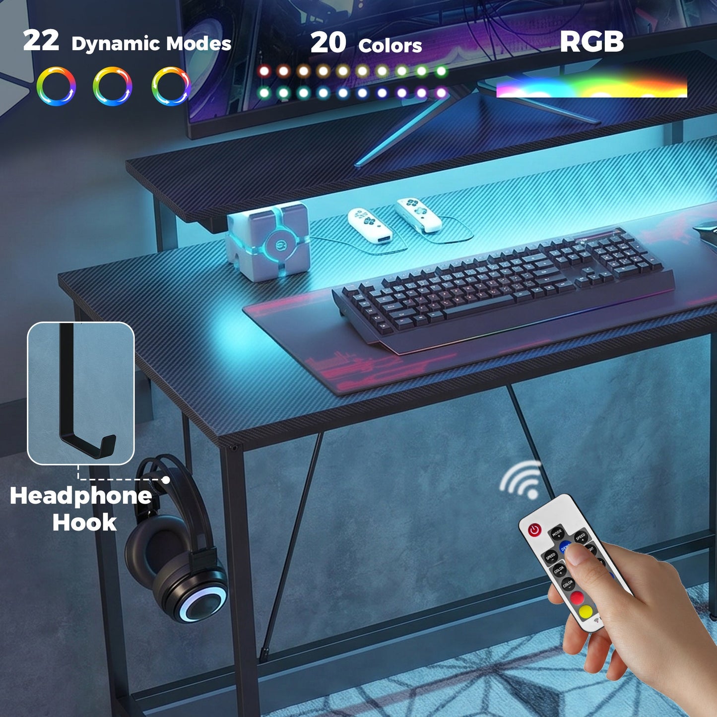 HOMCOM Reversible 'L' LED Light Gaming/Work Desk - Black