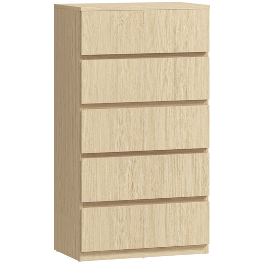 HOMCOM Chest of Drawers, a modern five-drawer storage cabinet in a light wood effect finish