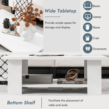 2-Tier Wooden Coffee Table with Storage Shelf and 5 Support Legs-White