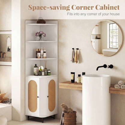 172 cm Tall PE Rattan Corner Cabinet with 2 Doors and 4 Open Shelves-White