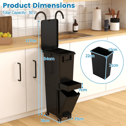 3-in-1 Multifunctional Kitchen Trash Can with Tilt-Designed Bottom Bin-Black