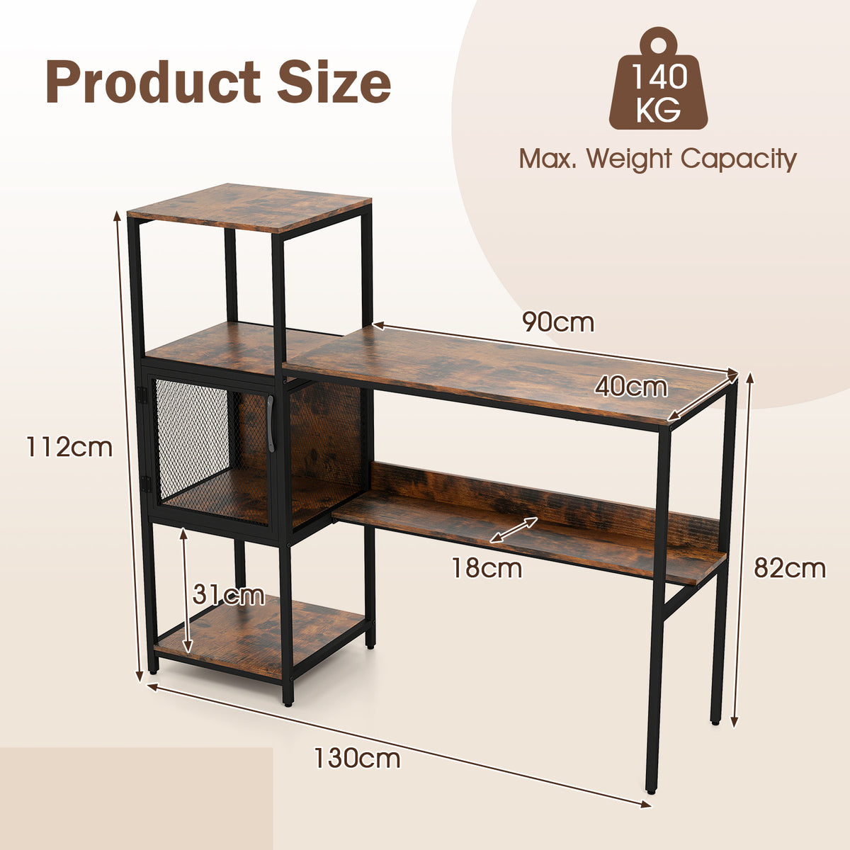 Home Office Desk with Bookshelf Storage Cabinet and Shelves for Study-Rustic Brown