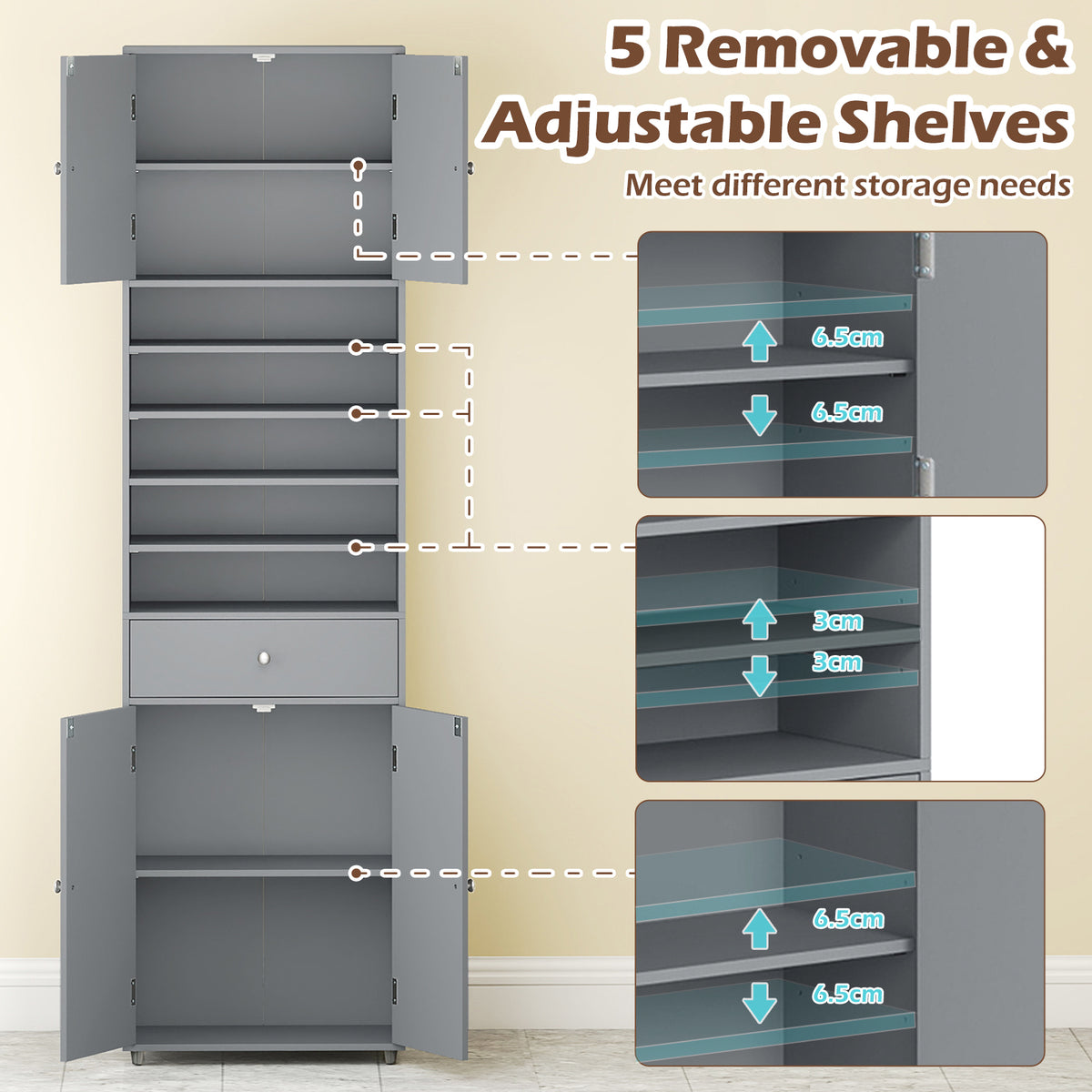 Tall Bathroom Storage Cabinet with Drawer and Adjustable Shelves-Grey