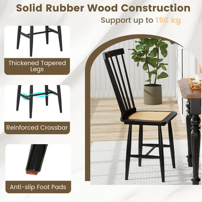 Windsor Dining Chair Set of 2 with Spindle Back and PE Rattan Seat for Kitchen-Black