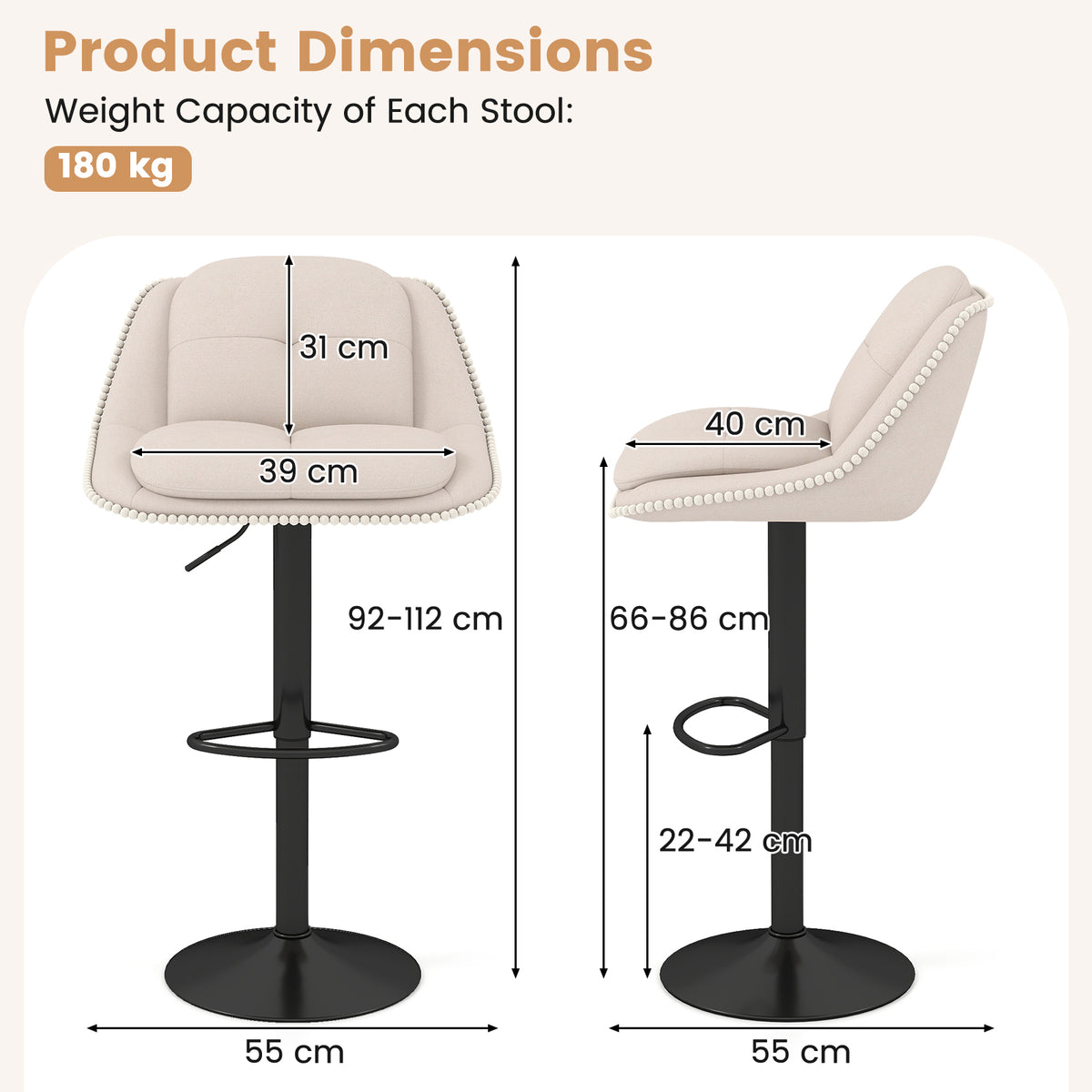 Bar Stools Set of 2 Modern Adjustable Chenille Upholstered Barstools-White