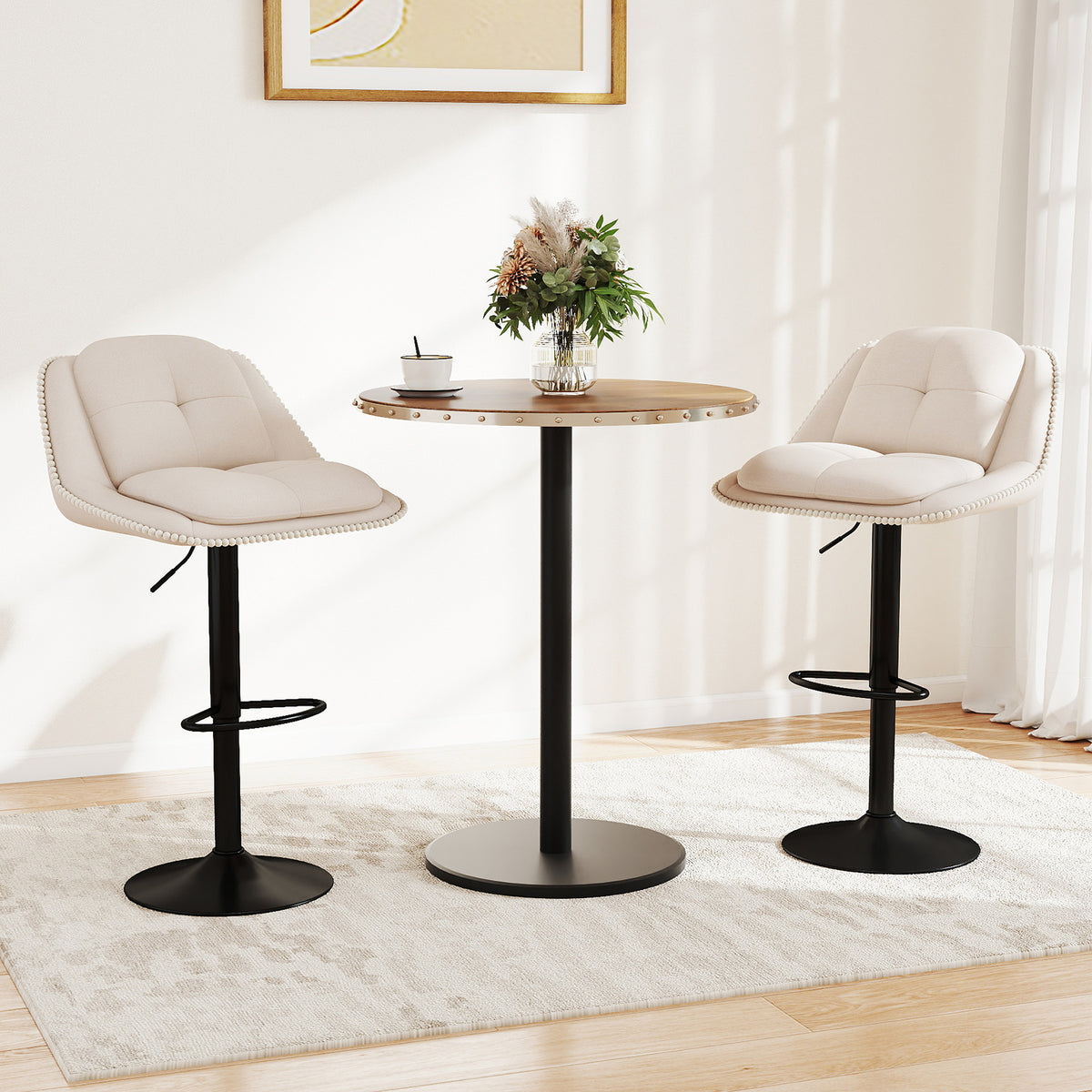 Bar Stools Set of 2 Modern Adjustable Chenille Upholstered Barstools-White