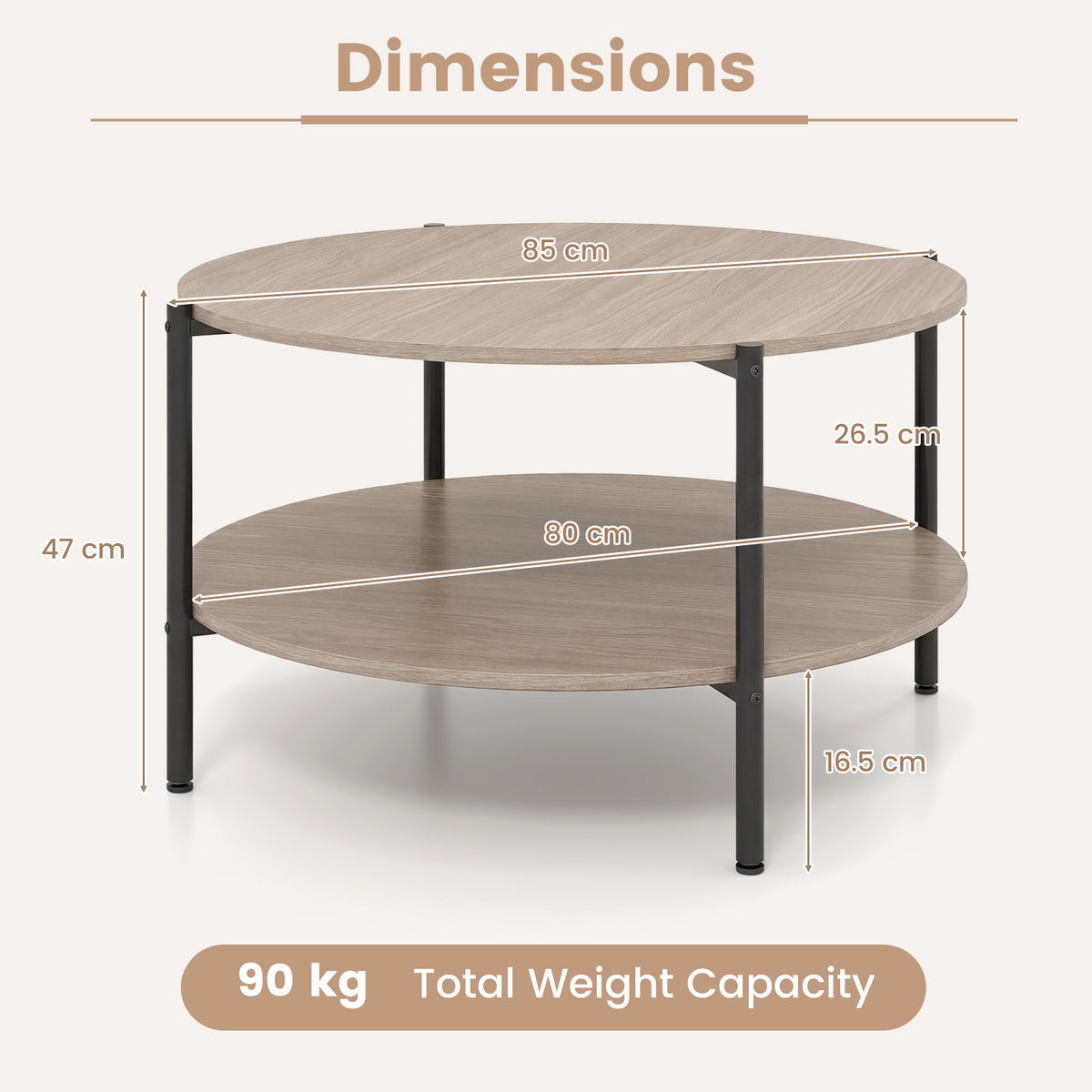 2-Tier Industrial Round Coffee Table with Open Storage Shelf-Grey