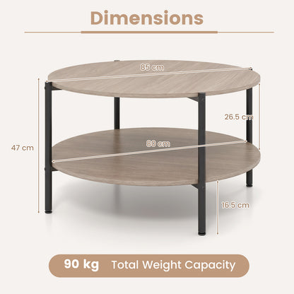 2-Tier Industrial Round Coffee Table with Open Storage Shelf-Grey