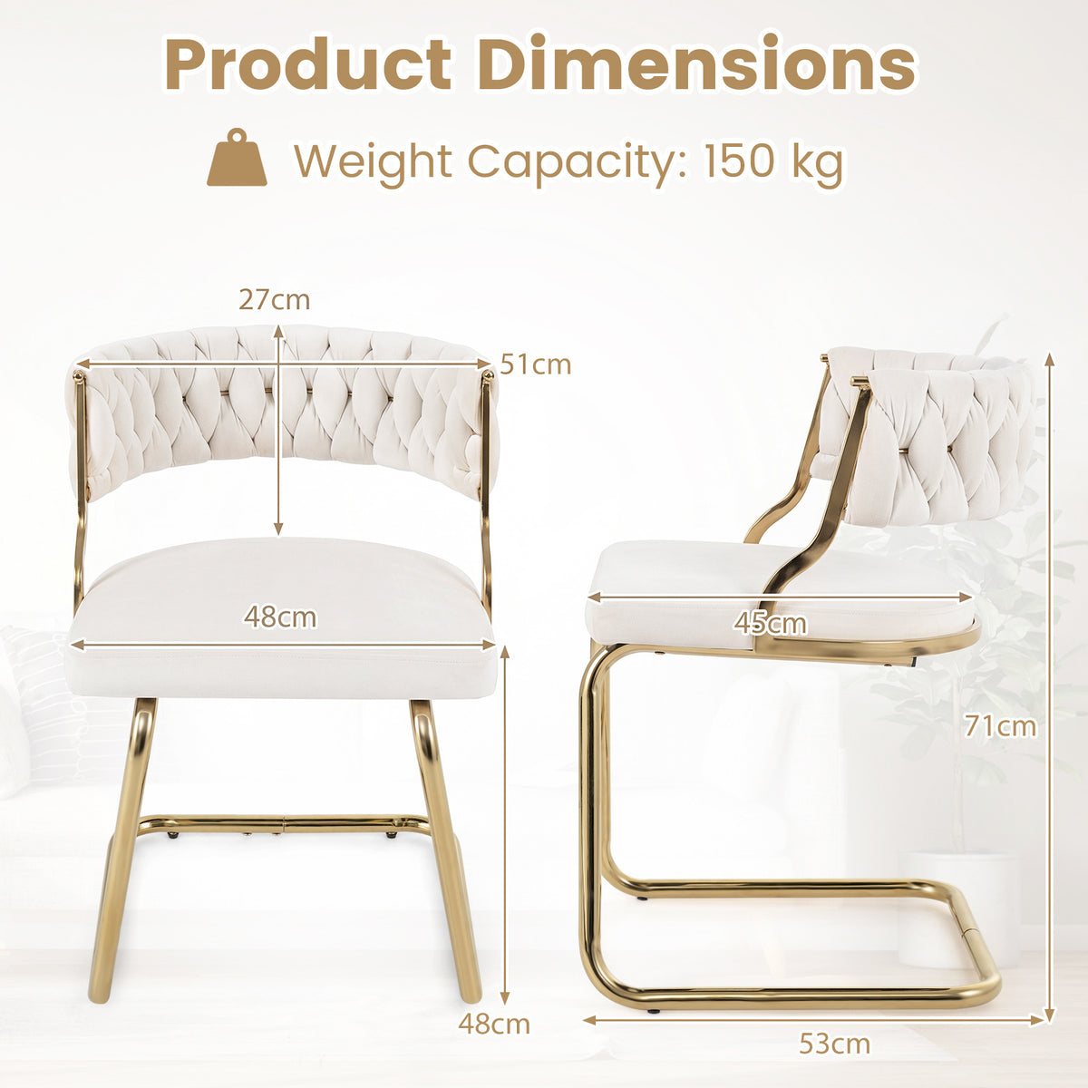 2 Pieces Velvet Dining Chairs with Curved Back and Sled Metal Base-White