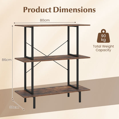 3-Tier Industrial Bookshelf with Open Shelves and Metal Frame for Living Room Study-Rustic Brown