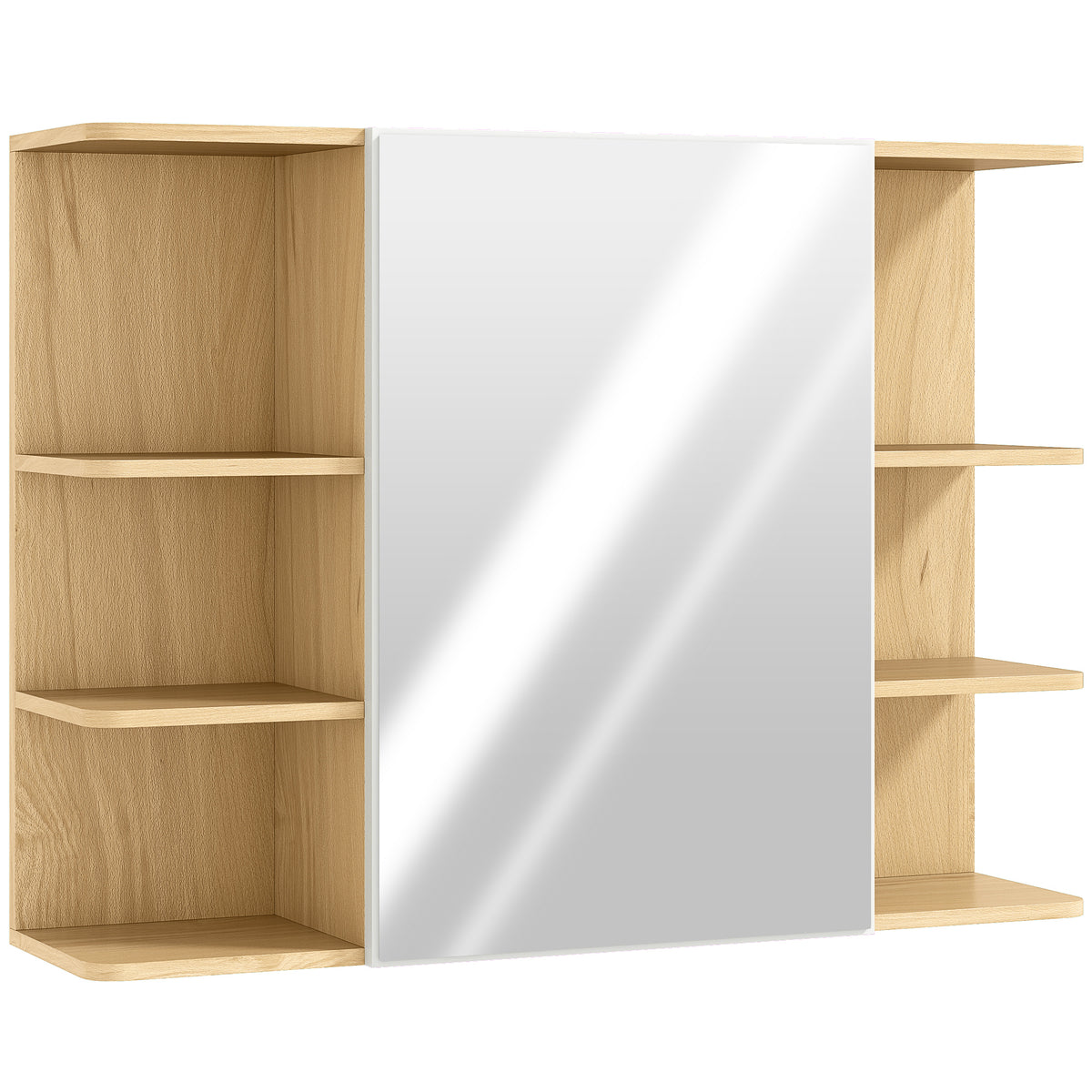 HOMCOM Bathroom Mirror Cabinet with Open Storage Shelves in a Natural Wood Finish