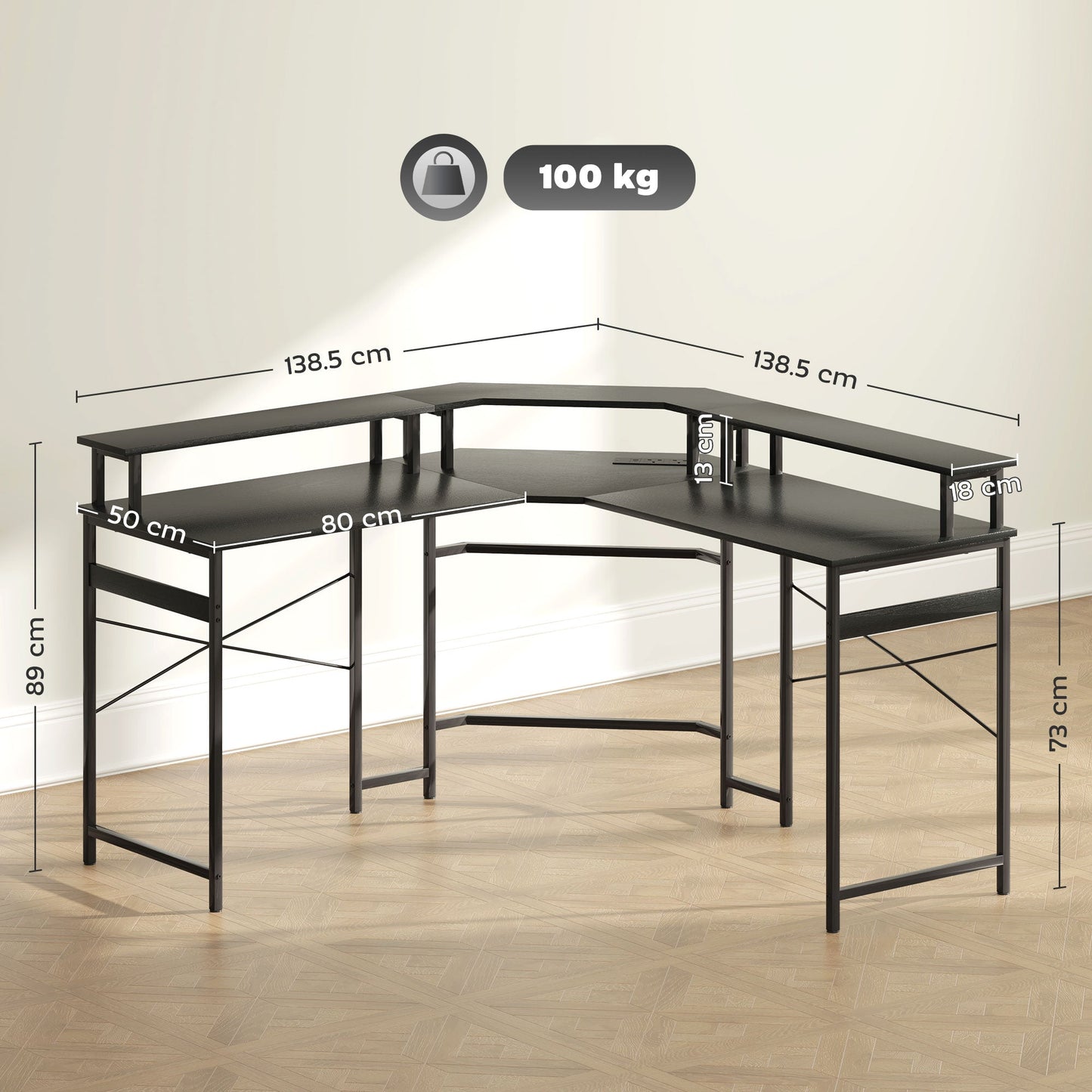 مكتب عمل على شكل حرف L من HOMCOM، مع أضواء LED - أسود