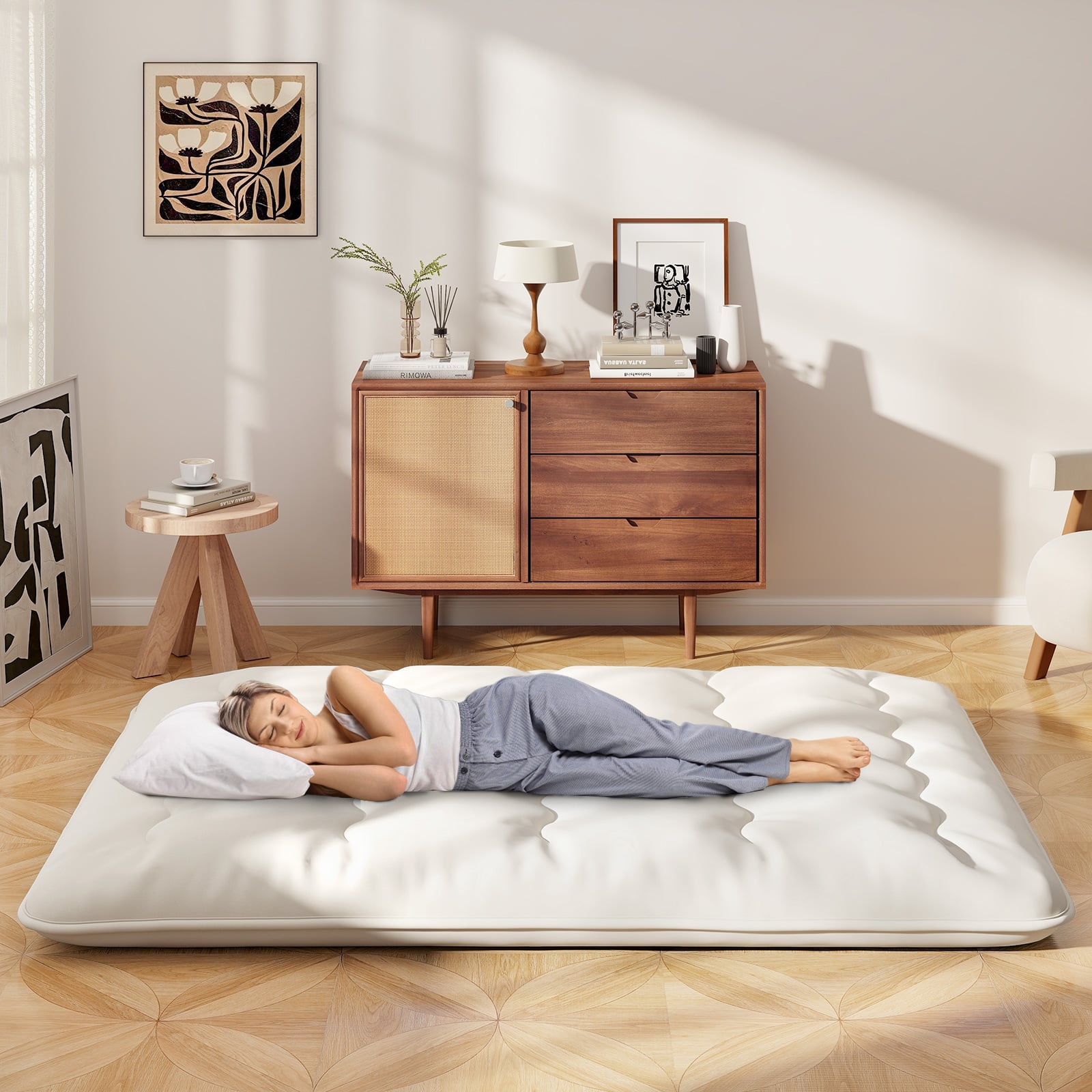 Japanese Floor Mattress with Washable Cover and Carry Bag-Beige-King Size