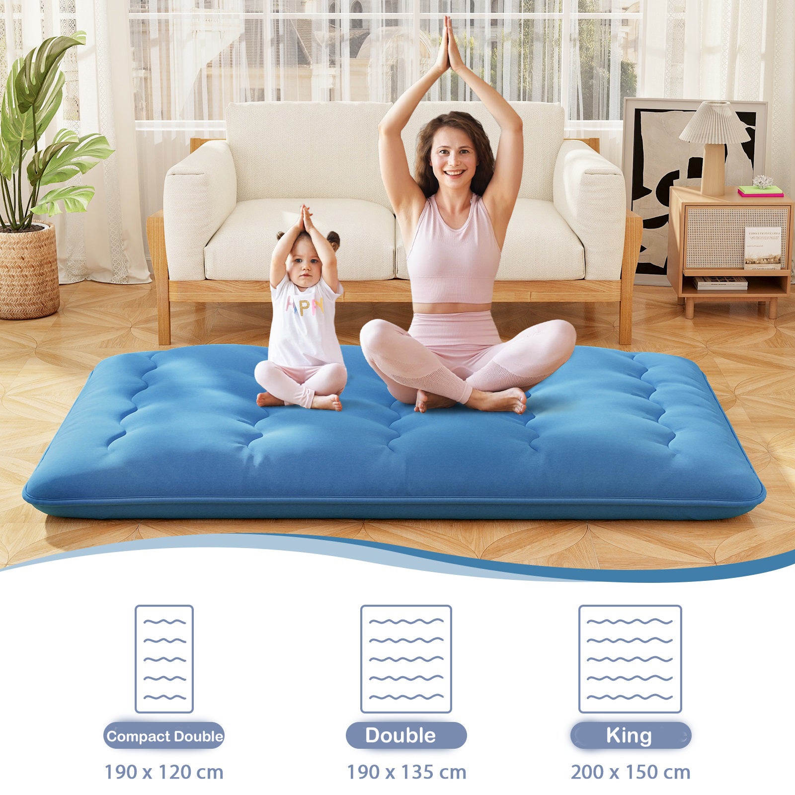 Japanese Floor Mattress with Washable Cover and Carry Bag-Blue-Double Size