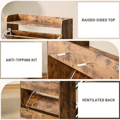 HOMCOM Two Flip Drawer Narrow Shoe Cabinet with Adjustable Shelves - Rustic Brown