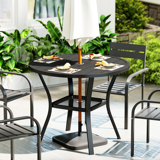Outsunny 90 cm Garden Dining Table with 4-5 cm Parasol Hole, Round Outdoor Dining Table, Steel Garden Table with Slatted Metal Top and Wire Shelf for Balcony, Porch, Black
