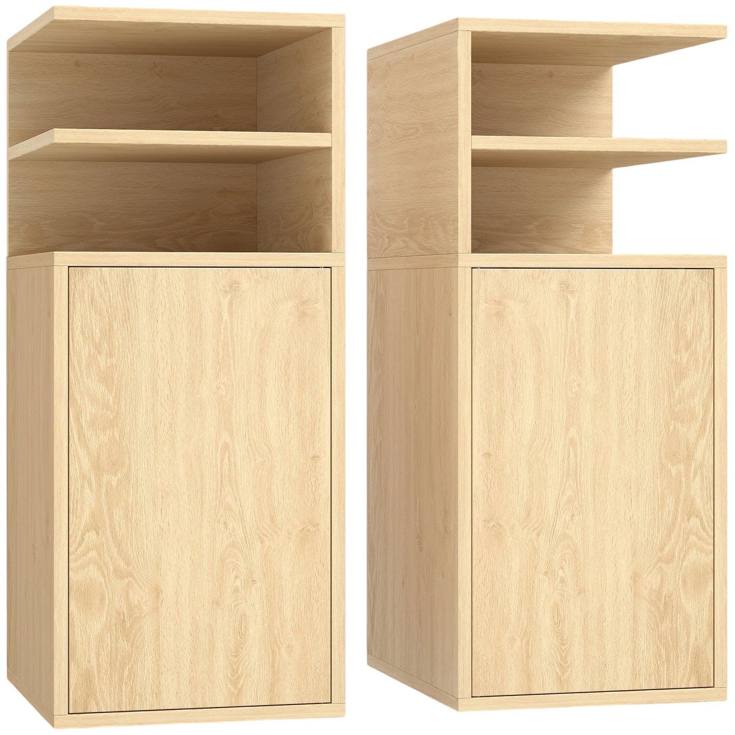 HOMCOM Slim Bedside Table Set of 2, Narrow Bedside Cabinet with Open Cubbies and Cupboard for Bedroom Living Room, Oak
