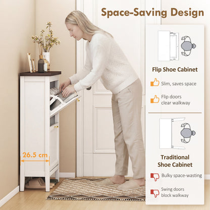 HOMCOM Shoe Cabinet with 2 Flip Drawers, Farmhouse Narrow Shoe Storage Cabinet with Adjustable Shelves, White