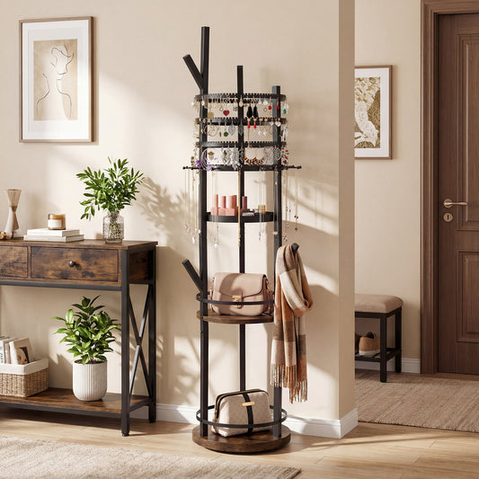 The floor jewelry storage rack in a bedroom setting, holding necklaces and scarves
