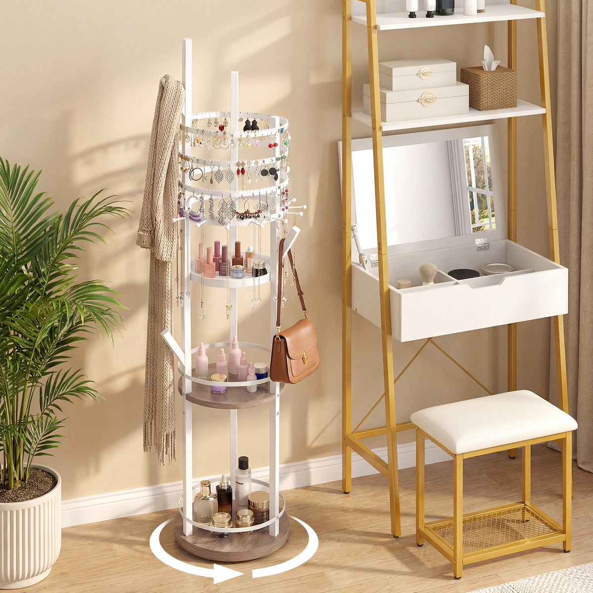 Jewelry Organizer Stand 360° Rotating Floor Jewelry Storage Rack Free Standing Jewelry Display Tower-Grey