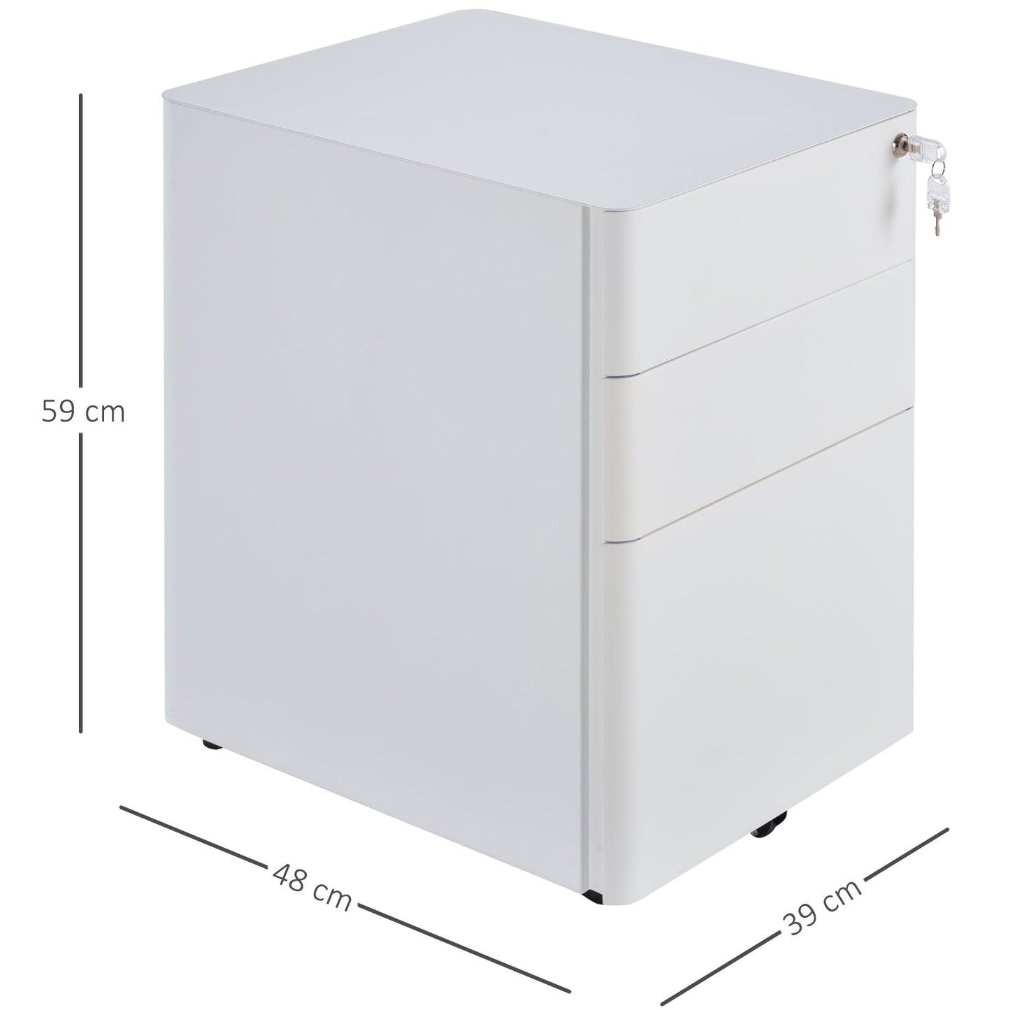 Vinsetto Lockable Cabinet, Rolling Filing Cabinet with 3 Drawers, Steel Office Drawer Unit for A4, Letter, Legal Sized Files-White