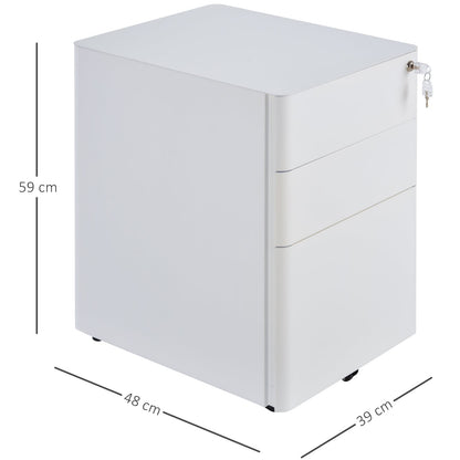 Vinsetto Lockable Cabinet, Rolling Filing Cabinet with 3 Drawers, Steel Office Drawer Unit for A4, Letter, Legal Sized Files-White