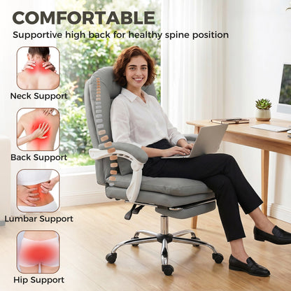 HOMCOM Ergonomic Executive Office Chair, Reclining Desk Chair with Lumbar Support, Footrest, Plush Thick Cushion, Grey