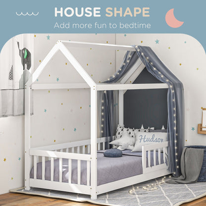 HOMCOM House-Shaped Kids Bed Frame with Guard Rails, Solid Pine Wood Single Bed Frame for Kids Boys and Girls