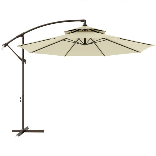 Outsunny 2.7m Garden Banana Parasol Cantilever Umbrella with Crank Handle, Double Tier Canopy and Cross Base for Outdoor, Hanging Sun Shade, Beige