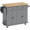 HOMCOM Rolling Kitchen Island Storage Trolley with Rubber Wood Top & Drawers for Dining Room, Grey