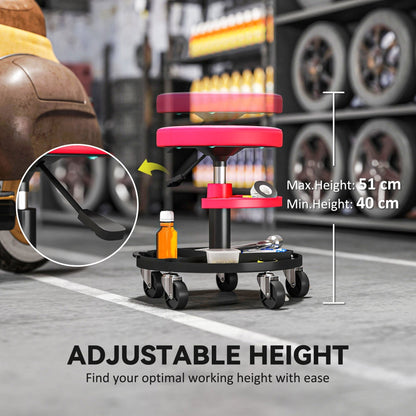HOMCOM Rolling Mechanic Stool, 135kg Capacity Workshop Stool, 360 degrees Swivel Roller Padded Creeper Seat with Wheels, Tool Trays Storage for Garage, Shop, Auto Repair, Red