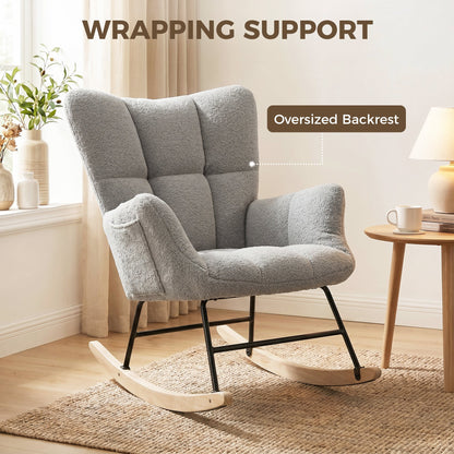 HOMCOM Rocking Chair, Teddy Fleece Rocker Chair with Tufted Wingback, Side Pockets, Rubber Wood Legs, Light Grey