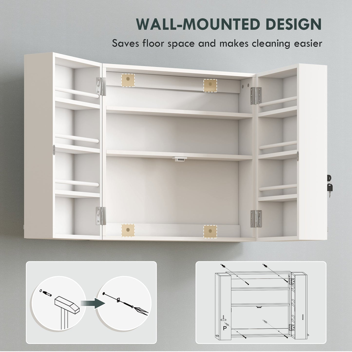 HOMCOM Wall Mount Medicine Cabinet with Key Lock, 3 Tier First Aid Cabinet with 2 Doors and 11 Storage Compartments, White