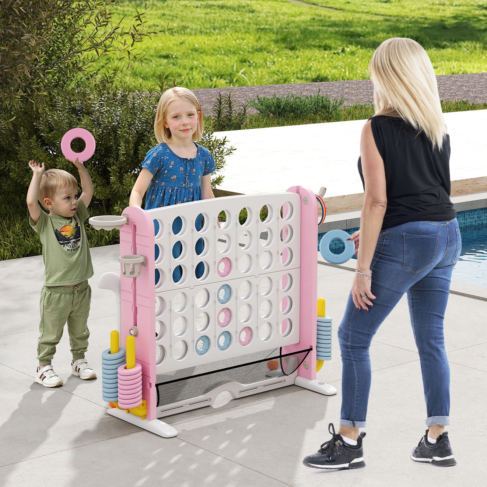 Jumbo 4-in-a Row Game Set with Basketball Hoop and 42 Rings-Pink & White