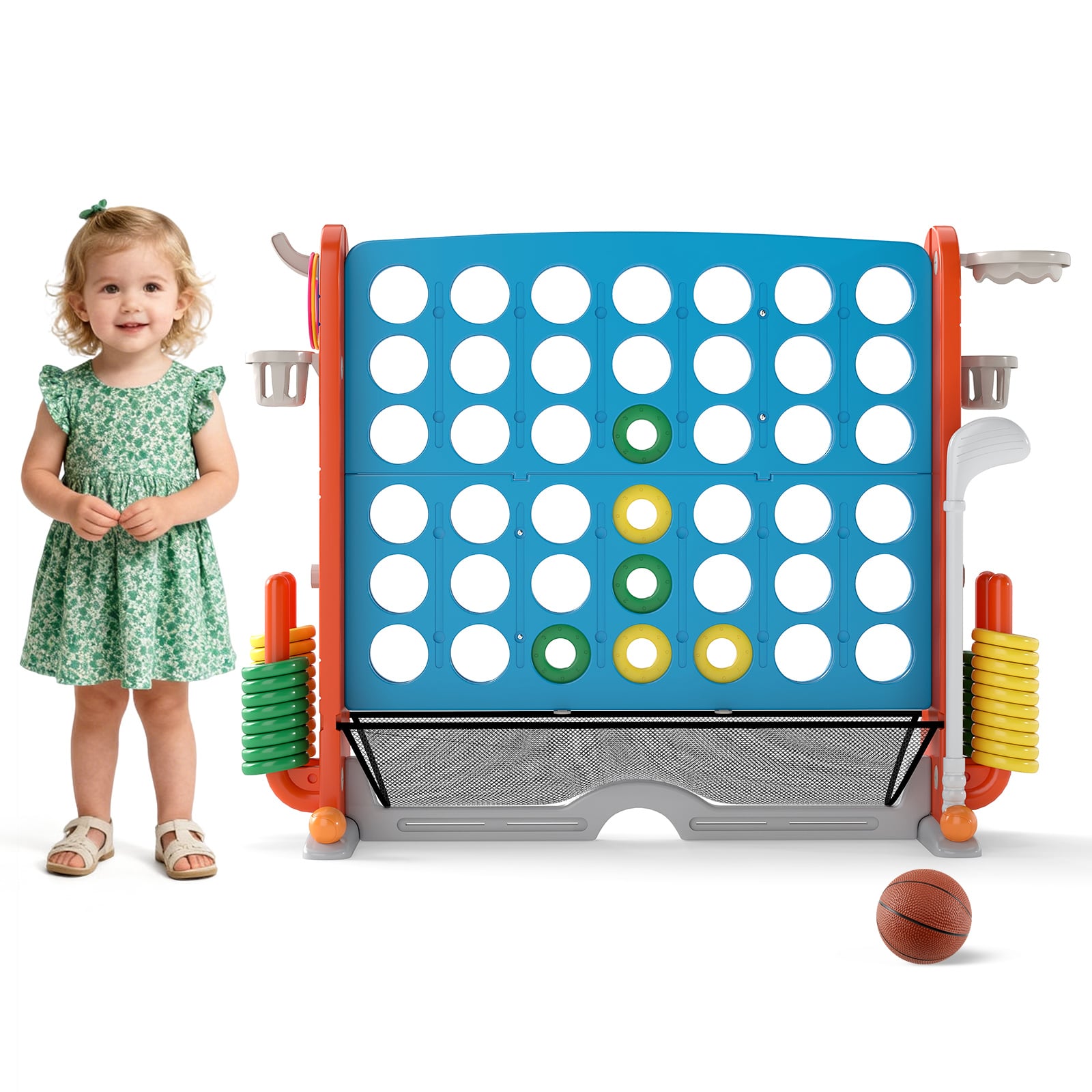 Jumbo 4-in-a Row Game Set with Basketball Hoop and 42 Rings-Light Blue