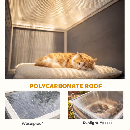 PawHut 4-Tier Wooden Catio Cat Outdoor Enclosure with Sun Roof, Resting Rooms, 3 Platforms, Window Outdoor Indoor, Grey