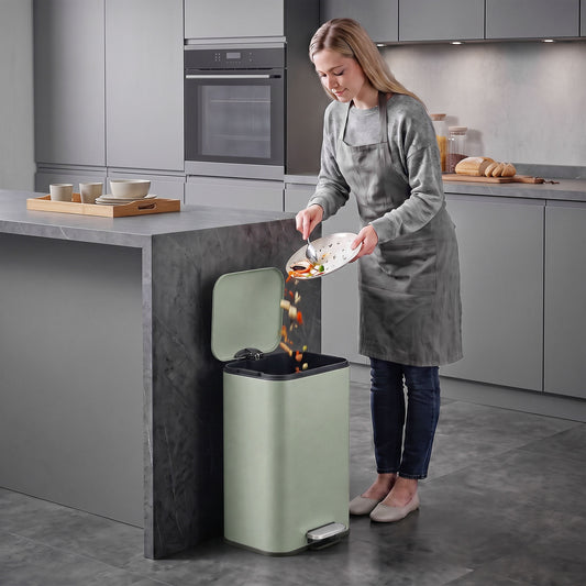 HOMCOM 20 L Kitchen Pedal Bin, Metal Rubbish Bin with Removable Inner Bucket, Soft-Close & Stay-Open Lid, Light Green