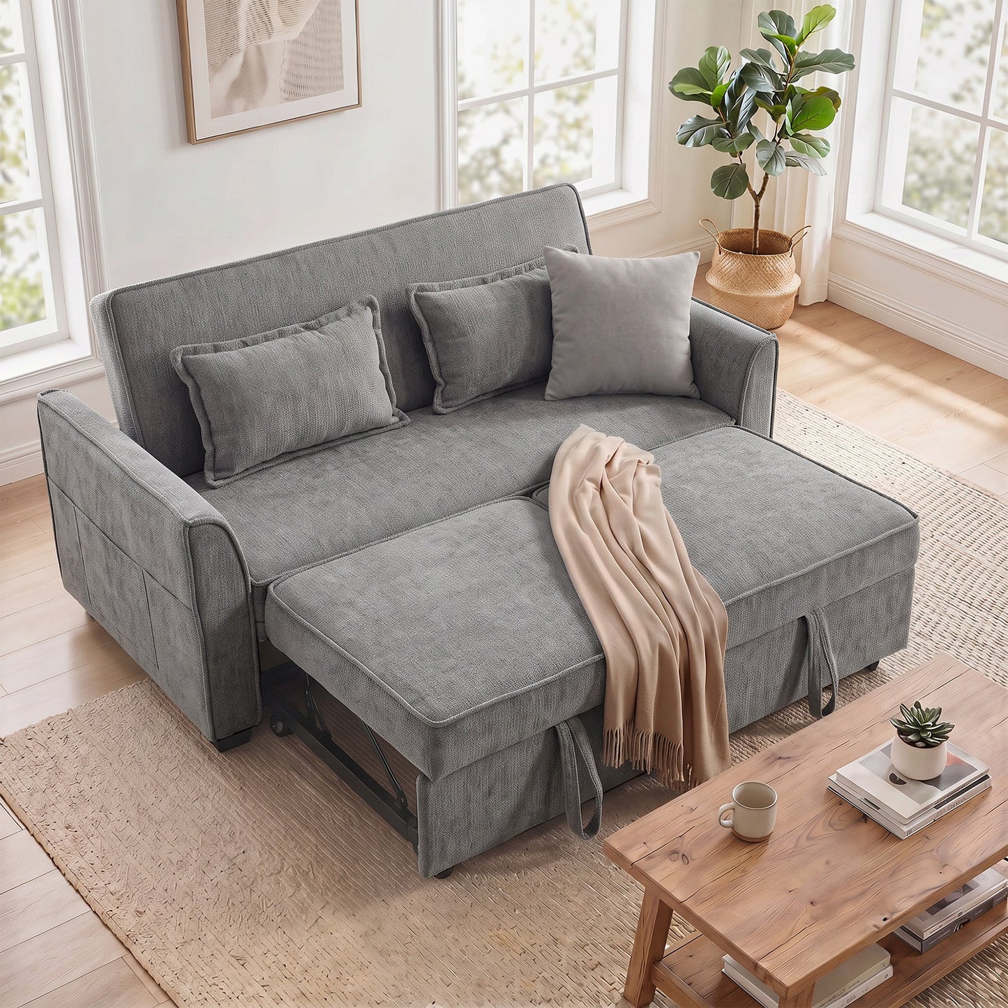 HOMCOM 2 Seater Sofa Bed, 4-in-1 L-Shaped Convertible Pull-Out Sleeper Sofa with Adjustable Backrest and Side Pockets, Grey