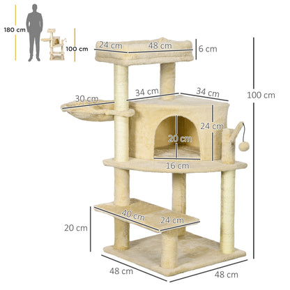 PawHut Sisal 100cm Cat Tree Tower with Sisal Scratching Post Cream White