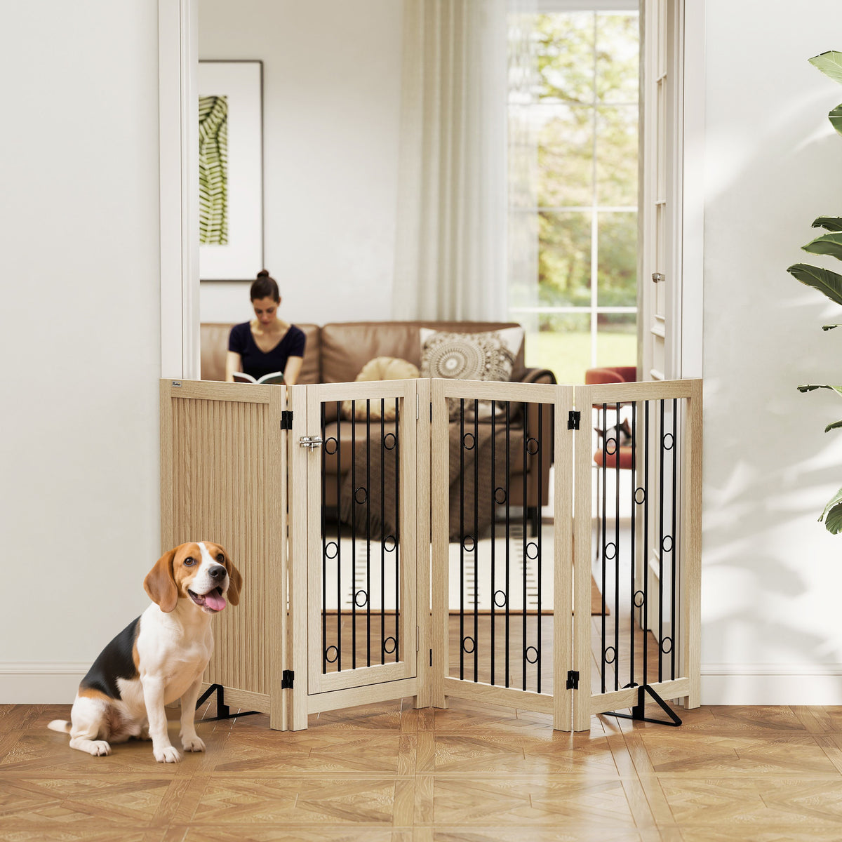 PawHut 4 Panel Freestanding Pet Gate in Oak