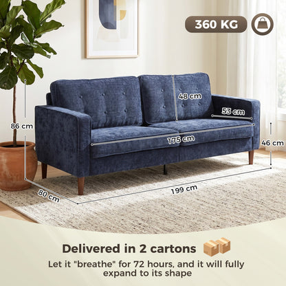 HOMCOM 3 Seater Sofa Button Tufted Upholstered Couch with Wood Legs for Living Room, Dark Blue