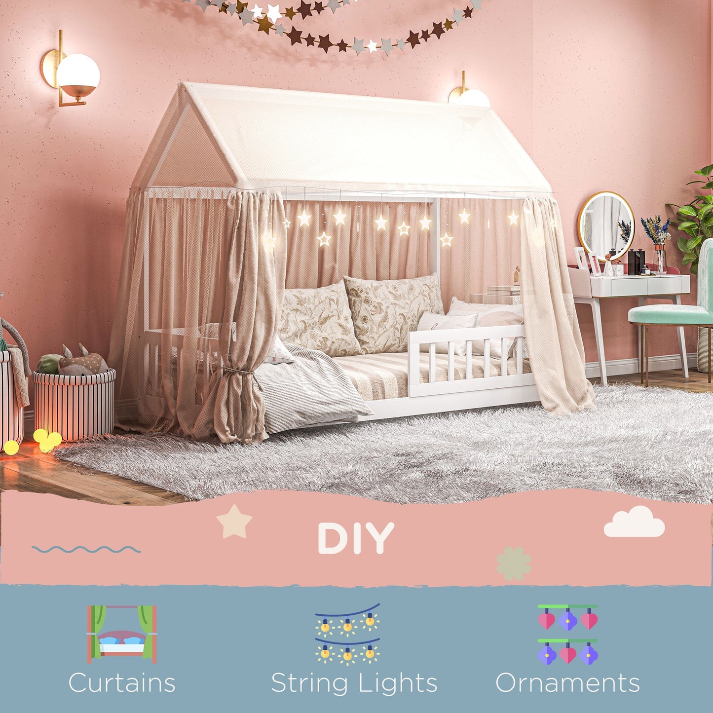 HOMCOM House-Shaped Kids Bed Frame with Guard Rails, Solid Pine Wood Single Bed Frame for Kids Boys and Girls