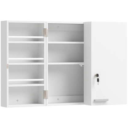 HOMCOM Wall Mount Medicine Cabinet with Key Lock, 3 Tier First Aid Cabinet with 2 Doors and 11 Storage Compartments, White