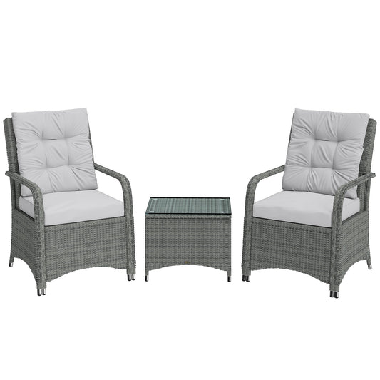 Outsunny 3 Pieces Rattan Bistro Set, Wicker Garden Furniture Set with Metal Frame, Cover, Glass Top Coffee Table, Light Grey
