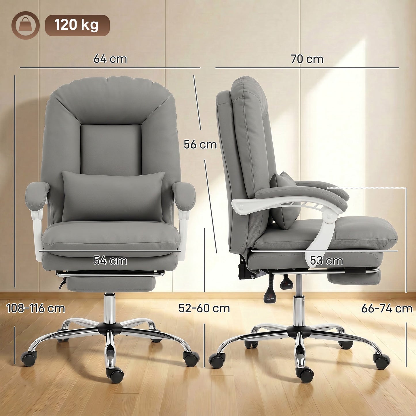 HOMCOM Ergonomic Executive Office Chair, Reclining Desk Chair with Lumbar Support, Footrest, Plush Thick Cushion, Grey