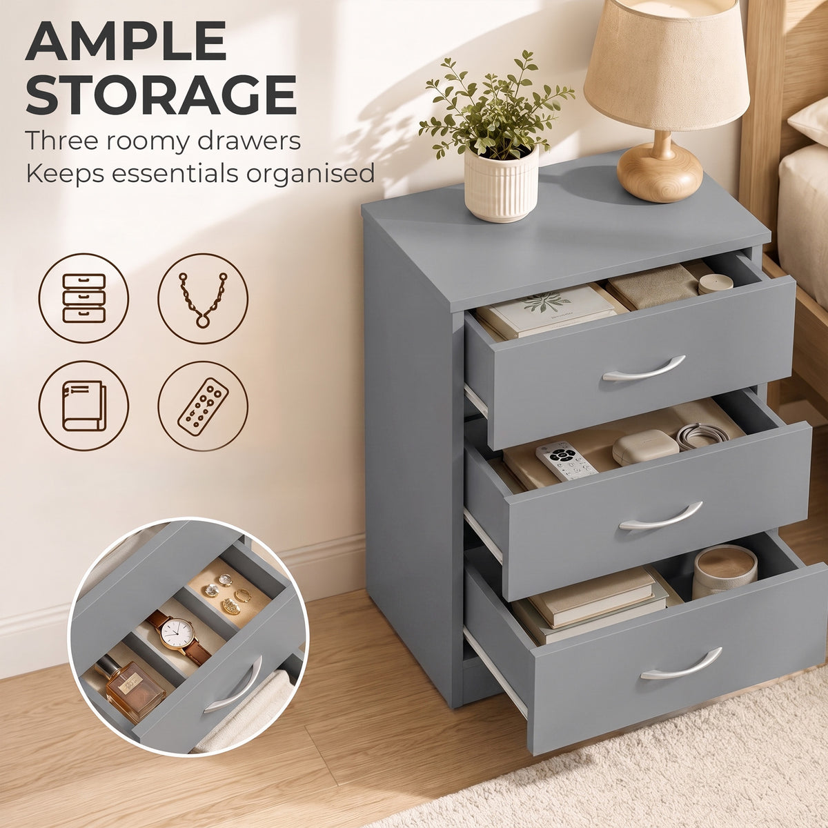 HOMCOM Three-Drawer Simple Bedside Table in Grey