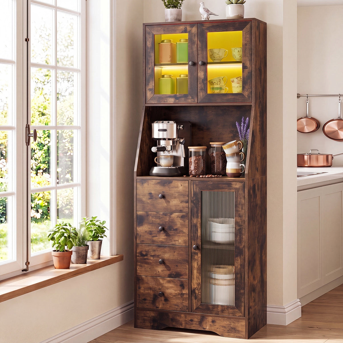 Kitchen Pantry Cabinet with Adjustable LED Lights and Doors-Rustic Brown