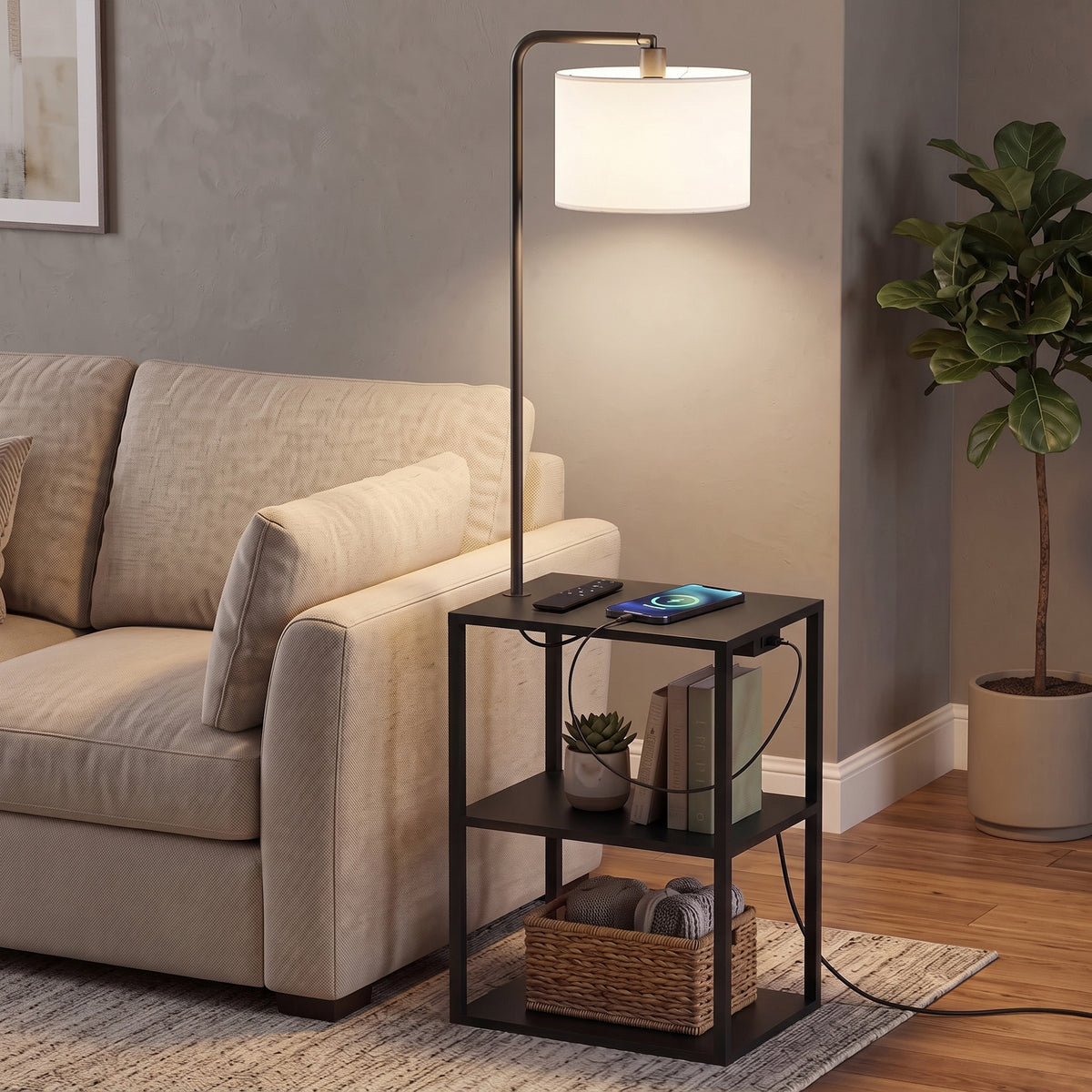HOMCOM Dimmable Floor Lamp with Shelves, Charging Station, 3-Tier Storage Table, Adjustable Fabric Lampshade, Black