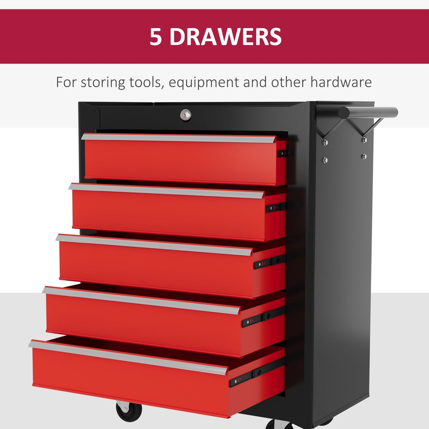 HOMCOM 5-Drawer Tool Chest with Wheels, Steel Lockable Tool Storage Cabinet with Handle, 2 Keys for Garage, Workshop, Red